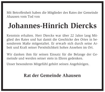 Traueranzeige von Johannes-Hinrich Diercks von KREISZEITUNG SYKE