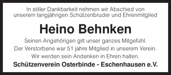 Traueranzeige von Heino Behnken von KREISZEITUNG SYKE