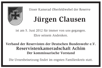 Traueranzeige von Jürgen Clausen von KREISZEITUNG SYKE