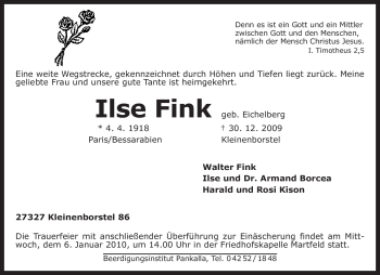 Traueranzeige von Ilse Fink von KREISZEITUNG SYKE