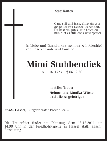 Traueranzeige von Mimi Stubbendiek von KREISZEITUNG SYKE