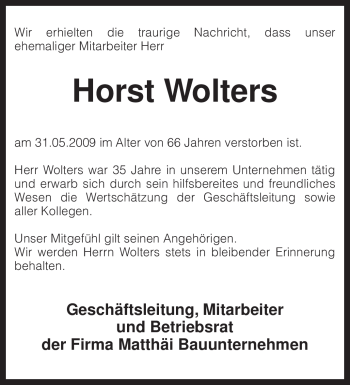Traueranzeige von Horst Wolters von KREISZEITUNG SYKE