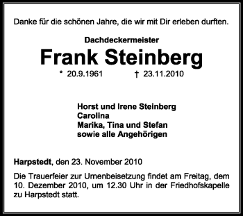 Traueranzeige von Frank Steinberg von KREISZEITUNG SYKE