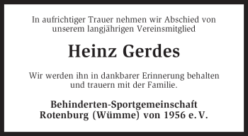 Traueranzeige von Heinz Gerdes von KREISZEITUNG SYKE