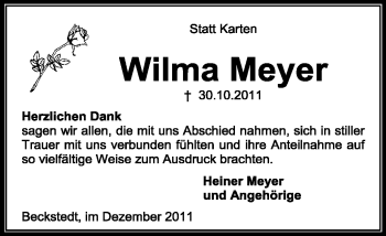 Traueranzeige von Wilma Meyer von KREISZEITUNG SYKE