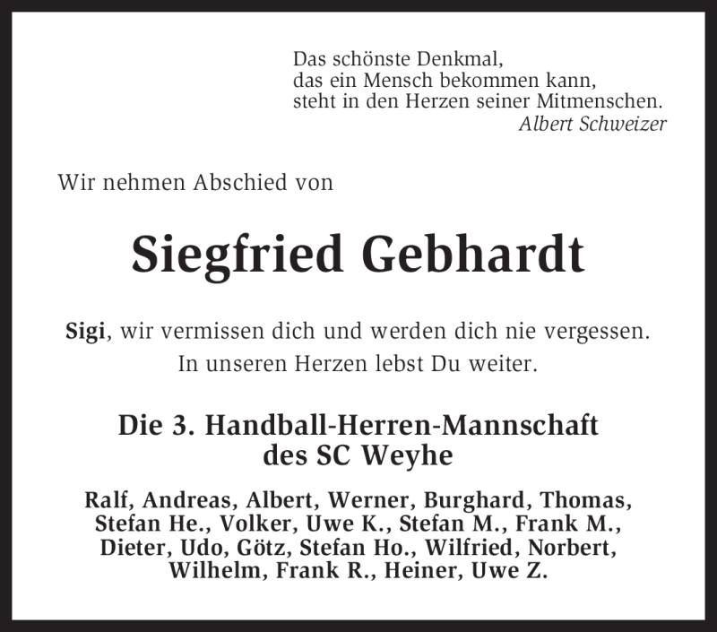  Traueranzeige für Siegfried Gebhardt vom 06.05.2011 aus KREISZEITUNG SYKE