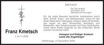 Traueranzeige von Franz Kmetsch von KREISZEITUNG SYKE