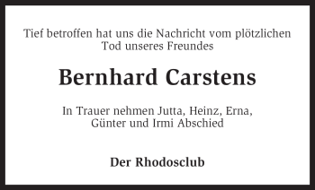 Traueranzeige von Bernhard Carstens von KREISZEITUNG SYKE