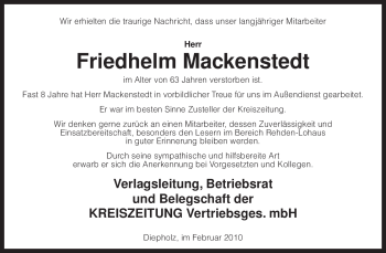 Traueranzeige von Friedhelm Mackenstedt von KREISZEITUNG SYKE