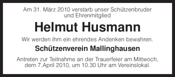 Traueranzeige von Helmut Husmann von KREISZEITUNG SYKE