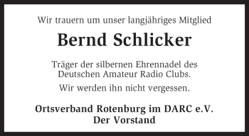 Traueranzeige von Bernd Schlicker von KREISZEITUNG SYKE