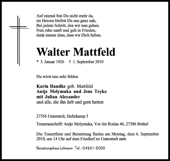 Traueranzeige von Walter Mattfeld von KREISZEITUNG SYKE