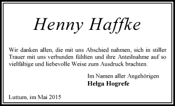 Traueranzeige von Henny Haffke von KRZ