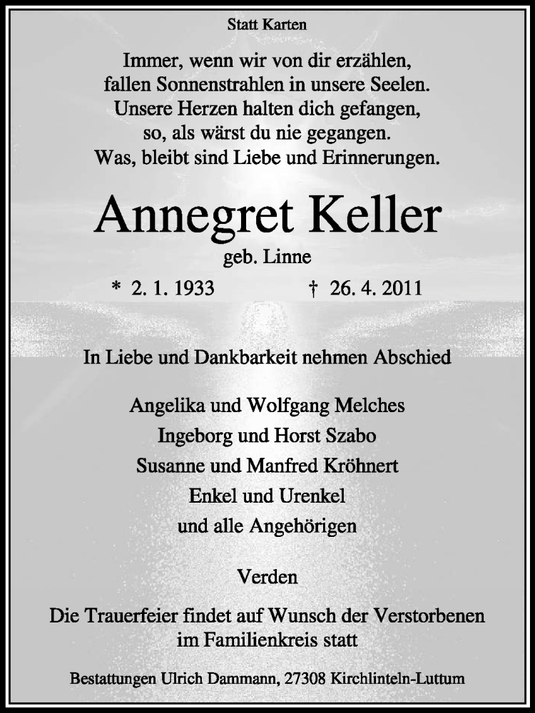  Traueranzeige für Annegret Keller vom 28.04.2011 aus KREISZEITUNG SYKE