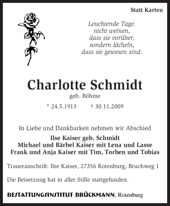 Traueranzeige von Charlotte Schmidt von KREISZEITUNG SYKE