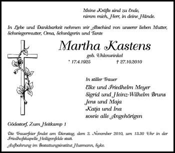 Traueranzeige von Martha Kastens von KREISZEITUNG SYKE