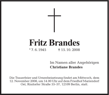 Traueranzeige von Fritz Brandes 