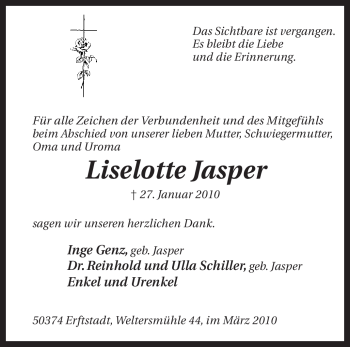 Traueranzeige von Liselotte Jasper von KREISZEITUNG SYKE