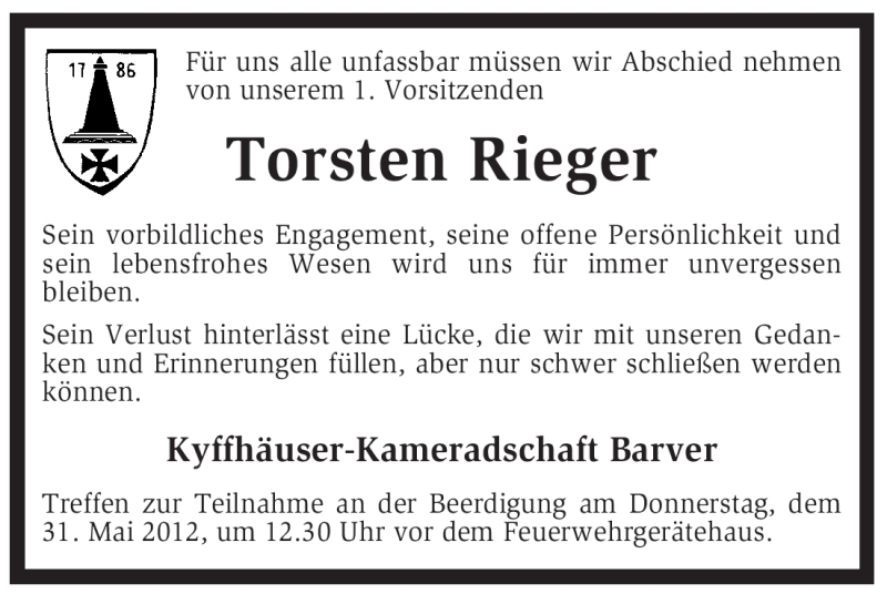  Traueranzeige für Torsten Rieger vom 29.05.2012 aus KREISZEITUNG SYKE