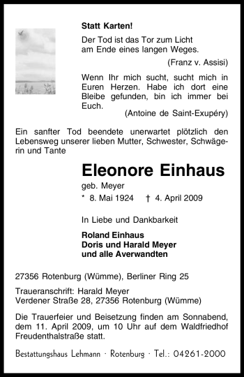 Traueranzeige von Eleonore Einhaus von KREISZEITUNG SYKE