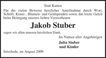 Traueranzeige von Jakob Stuber von KREISZEITUNG SYKE