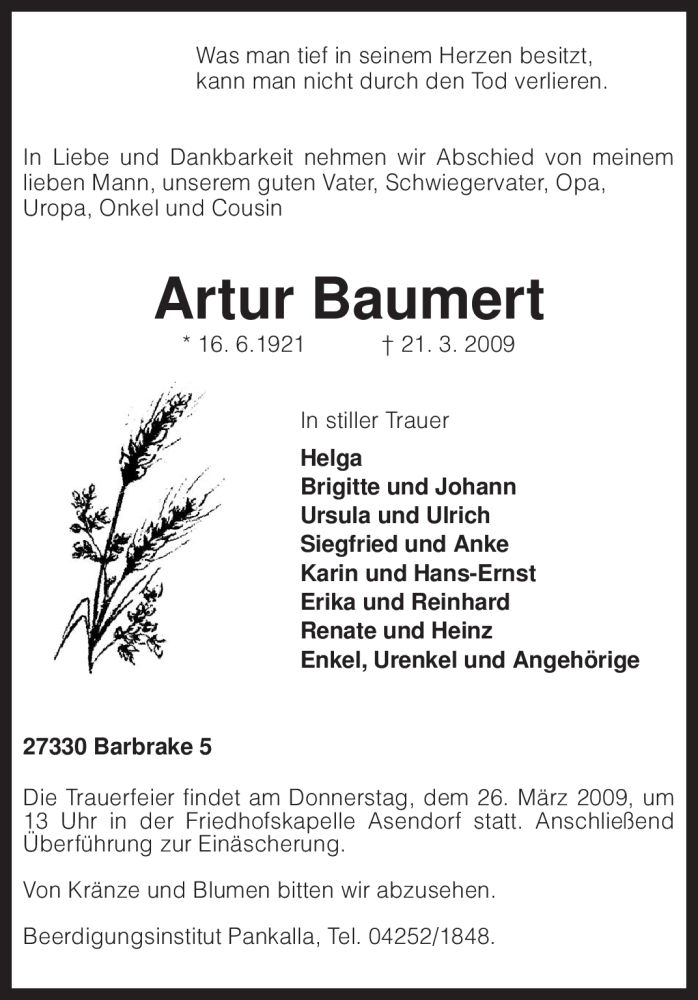  Traueranzeige für Artur Baumert vom 23.03.2009 aus KREISZEITUNG SYKE