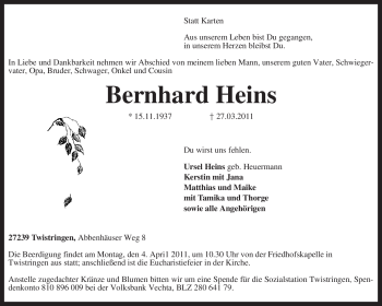 Traueranzeige von Bernhard Heins von KREISZEITUNG SYKE