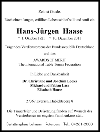 Traueranzeige von Hans-Jürgen Haase von KREISZEITUNG SYKE