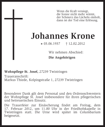 Traueranzeige von Johannes Krone von KREISZEITUNG SYKE