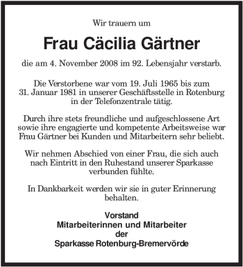 Traueranzeige von Cäcilia Gärtner von KREISZEITUNG SYKE