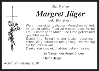 Traueranzeige von Margret Jäger von KREISZEITUNG SYKE