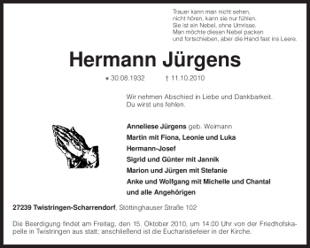 Traueranzeige von Hermann Jürgens von KREISZEITUNG SYKE