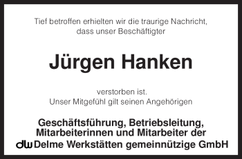 Traueranzeige von Jürgen Hanken von KREISZEITUNG SYKE