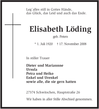 Traueranzeige von Elisabeth Löding von KREISZEITUNG SYKE