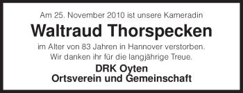 Traueranzeige von Waltraud Thorspecken von KREISZEITUNG SYKE