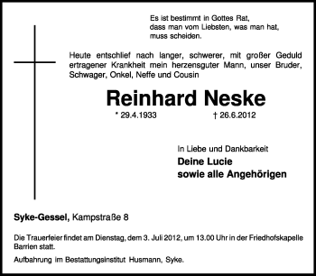 Traueranzeige von Reinhard Neske von KREISZEITUNG SYKE