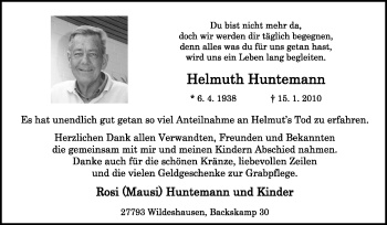 Traueranzeige von Helmuth Huntemann von KREISZEITUNG SYKE