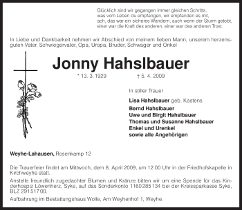 Traueranzeige von Jonny Hahslbauer von KREISZEITUNG SYKE