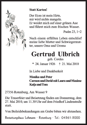 Traueranzeige von Gertrud Ulbrich von KREISZEITUNG SYKE