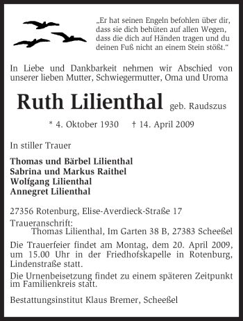 Traueranzeige von Ruth Lilienthal von KREISZEITUNG SYKE