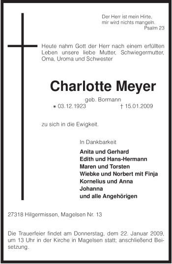 Traueranzeige von Charlotte Meyer von KREISZEITUNG SYKE