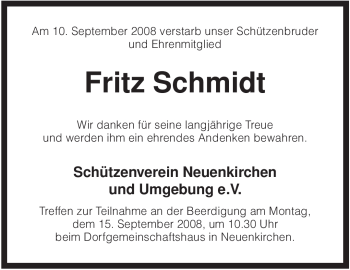 Traueranzeige von Fritz Schmidt von KREISZEITUNG SYKE