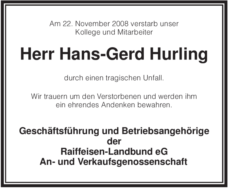  Traueranzeige für Hans-Gerd Hurling vom 26.11.2008 aus KREISZEITUNG SYKE