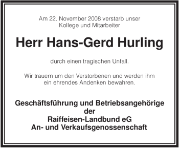 Traueranzeige von Hans-Gerd Hurling von KREISZEITUNG SYKE