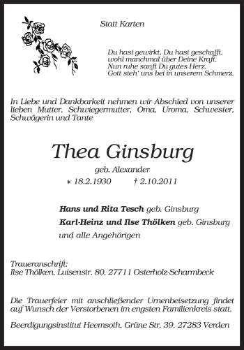 Traueranzeige von Thea Ginsburg von KREISZEITUNG SYKE