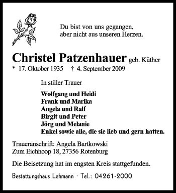 Traueranzeige von Christel Patzenhauer von KREISZEITUNG SYKE