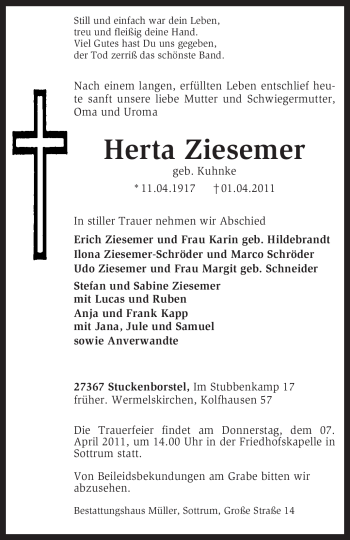 Traueranzeige von Herta Ziesemer von KREISZEITUNG SYKE