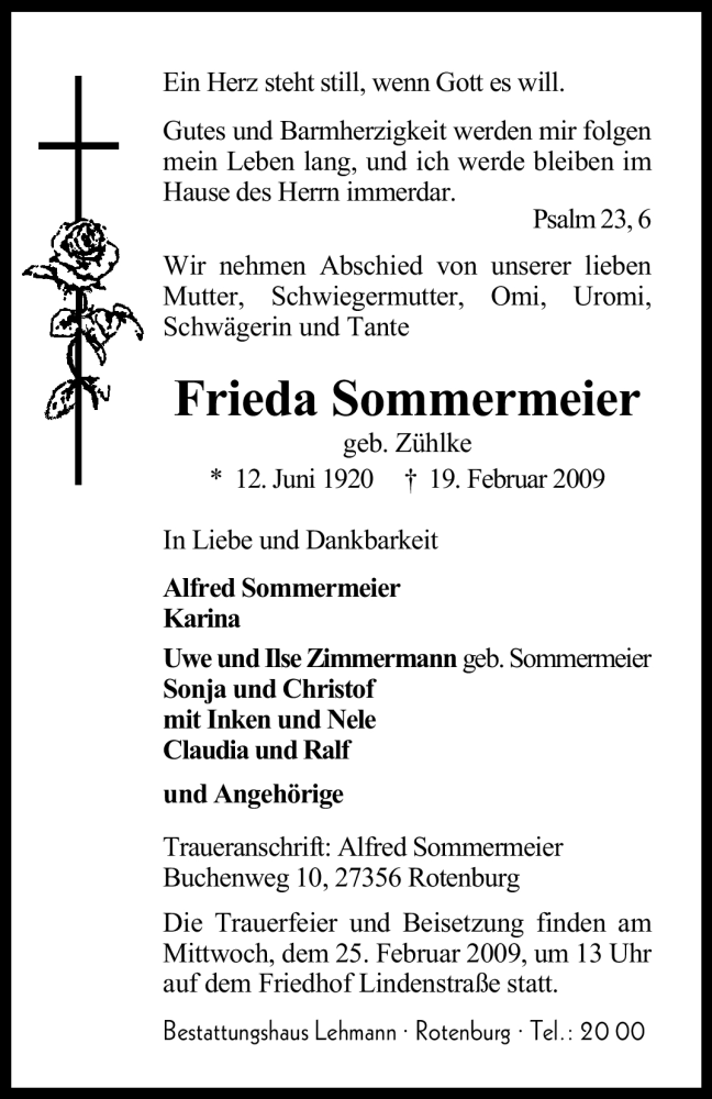  Traueranzeige für Frieda Sommermeier vom 21.02.2009 aus KREISZEITUNG SYKE