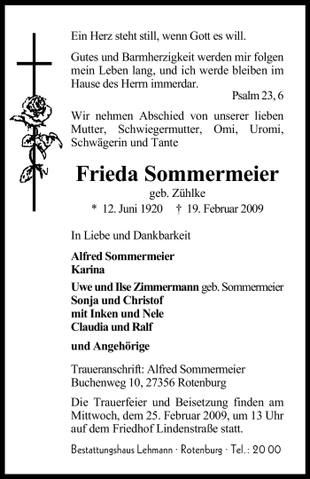 Traueranzeige von Frieda Sommermeier von KREISZEITUNG SYKE