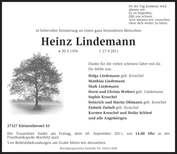 Traueranzeige von Heinz Lindemann von KREISZEITUNG SYKE